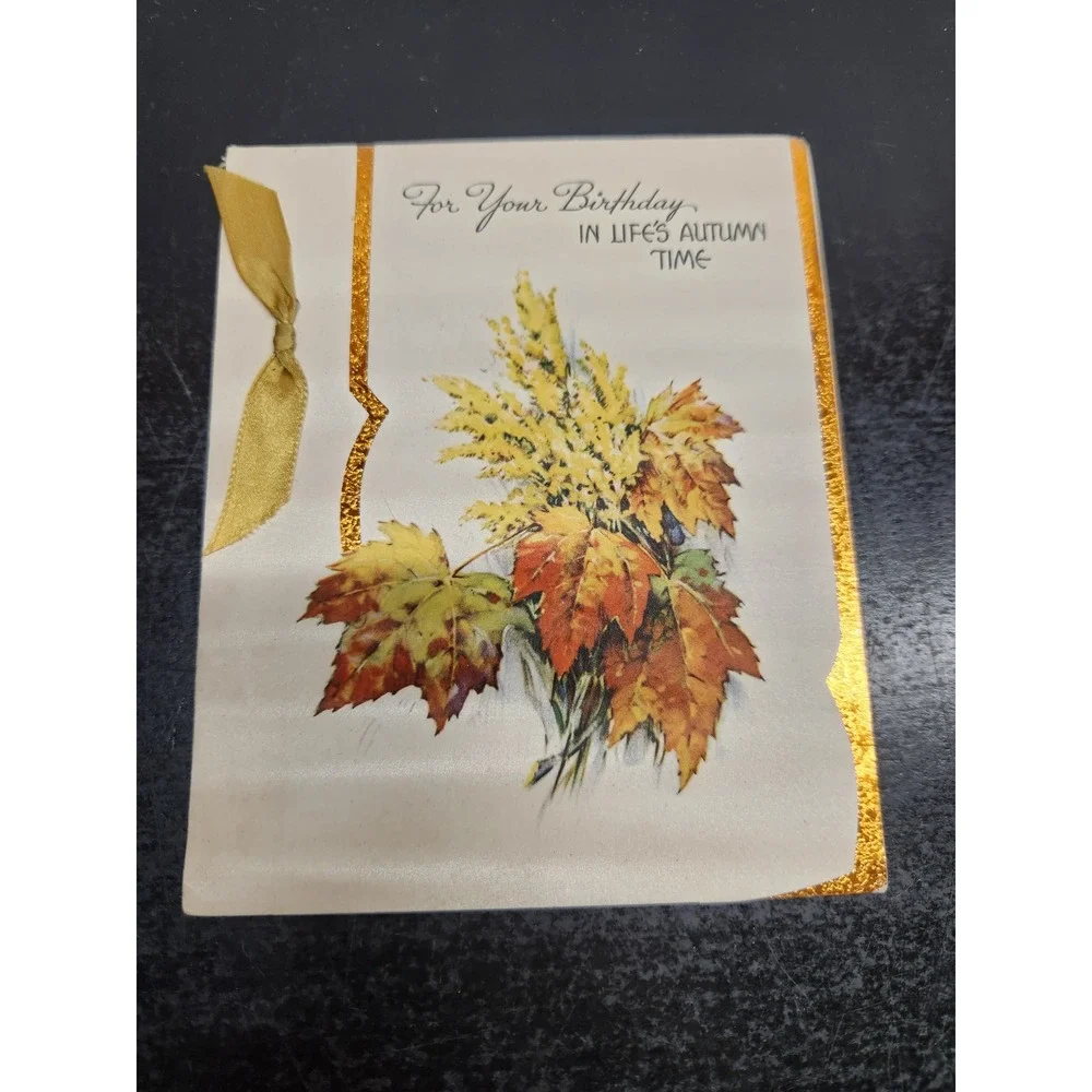 Vintage 1945 Birthday Card Autumn Leaves Gold Foil Ribbon‎ Ephemera 1940s Berta